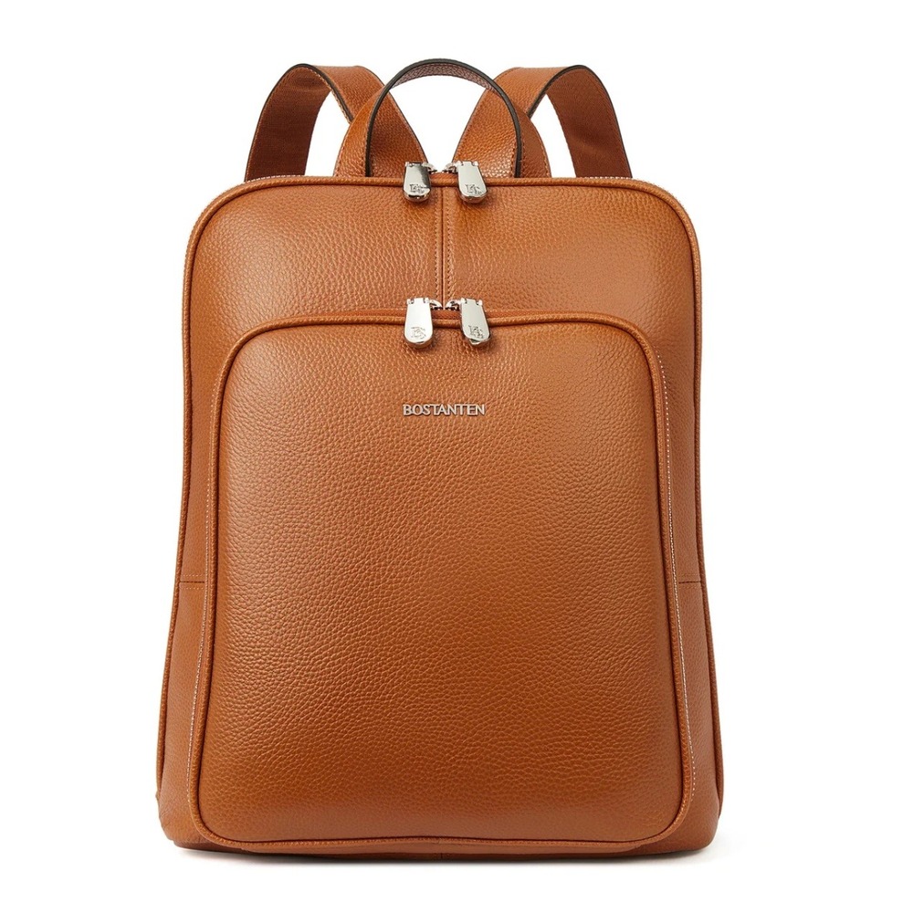 BOSTANTON  Leather Minimalist Commuter Backpack Women Brown Pebbled Laptop Bag